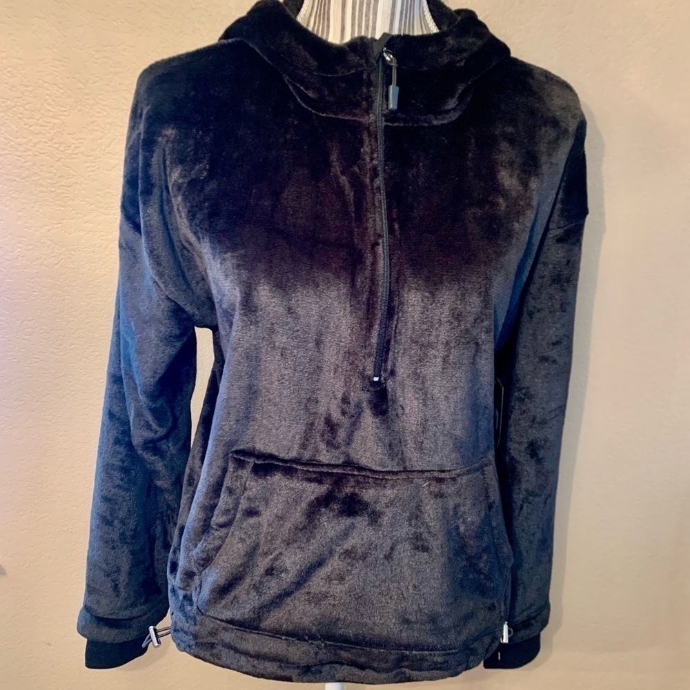 NWT Velour Hoodie Sweatshirt Medium 8/10 Black Super Soft w/ Thumbholes 1/4 Zip - Picture 4 of 16